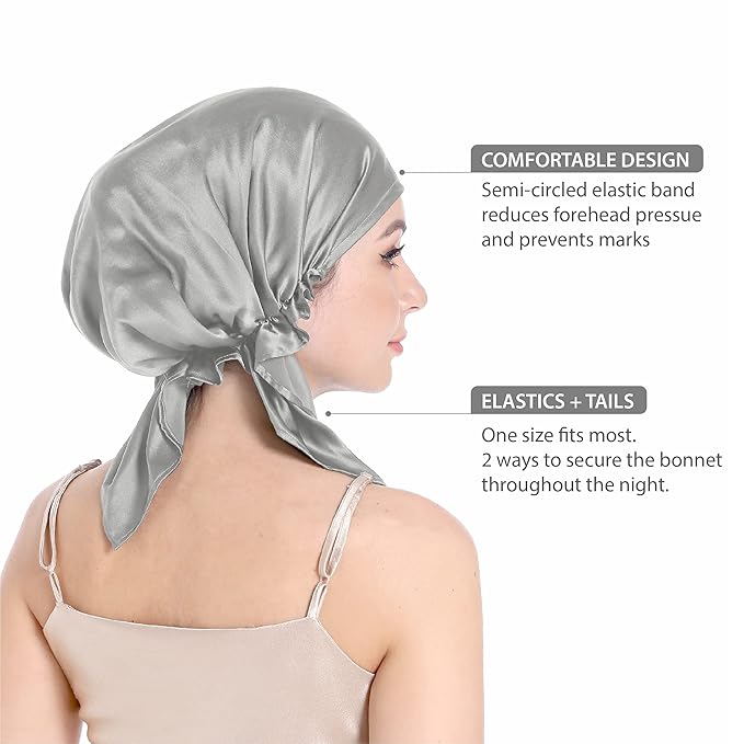 100% Silk Bonnet for Sleeping, Hair Bonnet with Tie Band, Large Silk Sleep Cap for Curly Hair, Silk Hair Wrap for Hair Care Gray