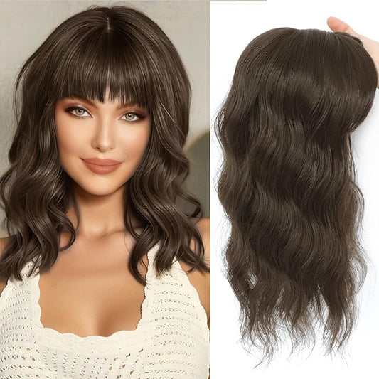 16 Inch Hair Toppers for Women with Thinning Hair, 360° 3D Realistic Toppers for Women Wispy Bangs Clip Synthetic Curly Wavy (6-8)