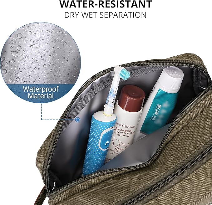 WITZMAN Canvas Toiletry Bag for Men Hanging Dopp Kit Organizer Water-resistant Travel Toiletries bag Men Bathroom Bag with Wet Pocket(A8001 Army Green)