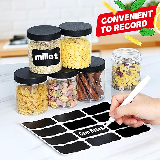 48 PCS 8 OZ Plastic Jars with Screw On Lids, Pen and Labels Refillable Empty Round Slime Cosmetics Containers for Storing Dry Food, Makeup, Slime, Honey Jam, Cream, Butter, Lotion, black