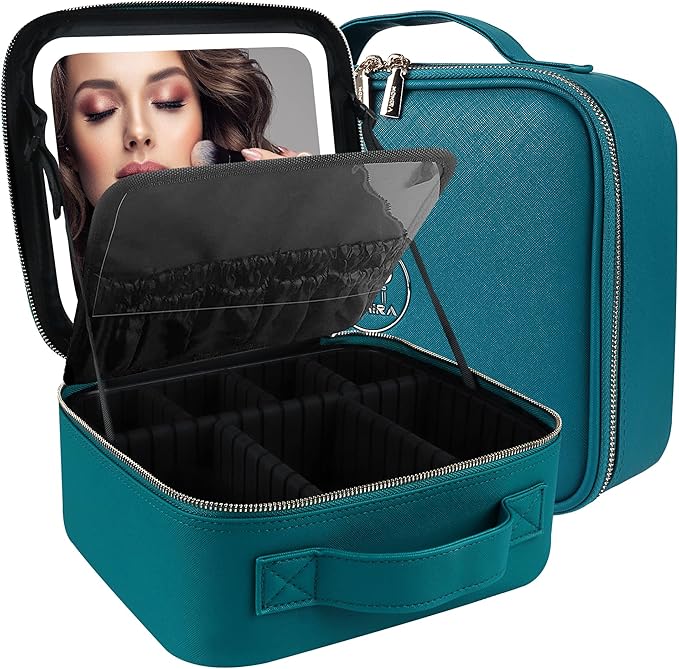 MOMIRA Travel Makeup Bag Cosmetic Bag Makeup Organizer Bag with Lighted Mirror, Adjustable Brightness in 3 Color Scenarios, Waterproof Makeup Train Case, Gift for Women - Greenish Blue