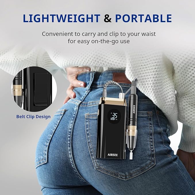 AIRSEE Professional Portable Nail Drill 35000RPM,Rechargeable Cordless Nail Drill for Manicure Salon Home, Eletric Nali E File for Acrylic Nails Gel Polishing Removing, EW4 Black