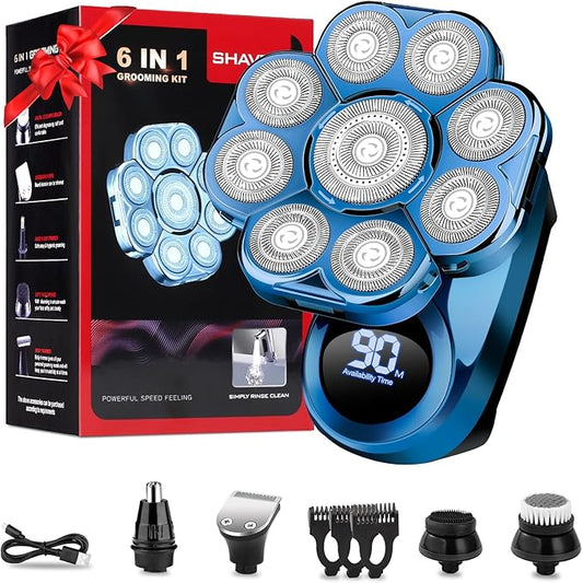 9D Head Shavers for Bald Men, Electric Shaver for Men,6 in 1 Mens Grooming Kit with Nose Hair Trimmer, Beard Trimmer,Waterproof Wet/Dry Rotary Shaver,Gift for Father, Husband, Boyfriend(Blue)