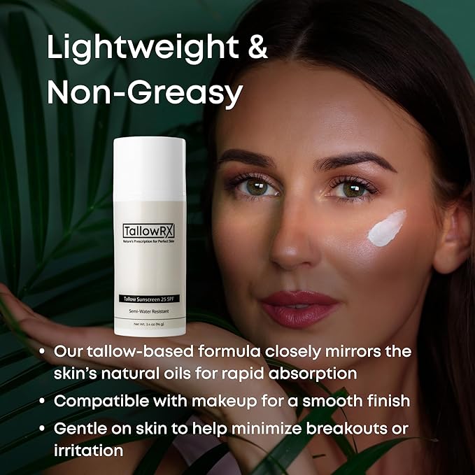 Tallow Sunscreen SPF 25 with Non Nano Zinc Oxide – Natural Mineral Sun Protection with Red Raspberry, Coconut Oil & Vit E – Reef Safe, Non Toxic & Moisturizing Sunblock for Face & Body – 3.4 oz