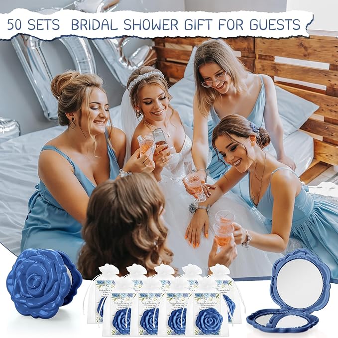 50 Sets Bridal Shower Party Favors for Guests Small Rose Compact Mirror Bulk Wedding Favors Thank You Cards and Organza Bags Wedding Party Guests Souvenir Gift (Blue)