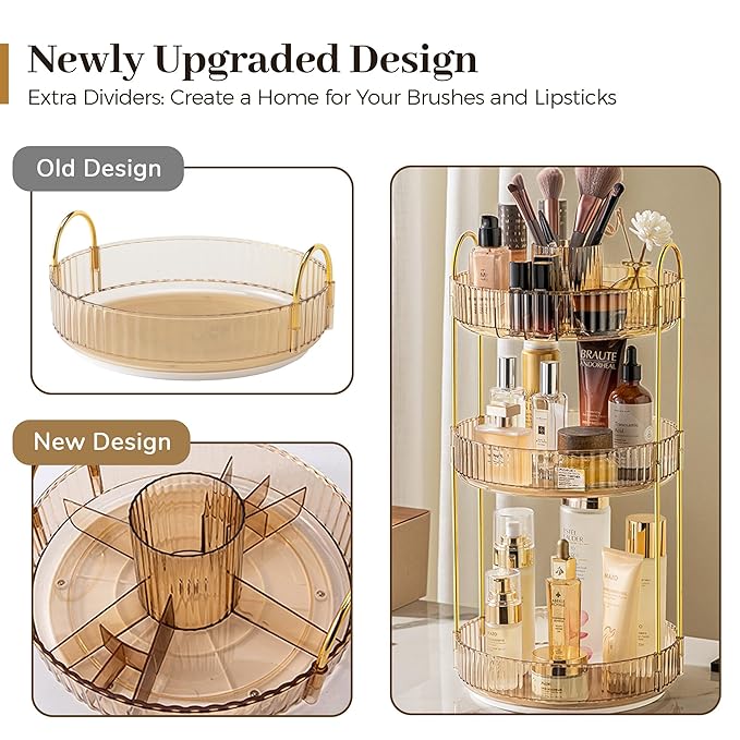 Aveniee 360° Rotating Makeup Organizer for Vanity, Upagraded Perfume Skincare Bathroom Counter Organizers with Brush Divider, 3 Tier Spinning Lipstick Cosmetic Makeup Lotion Storage Organizer(Gold)