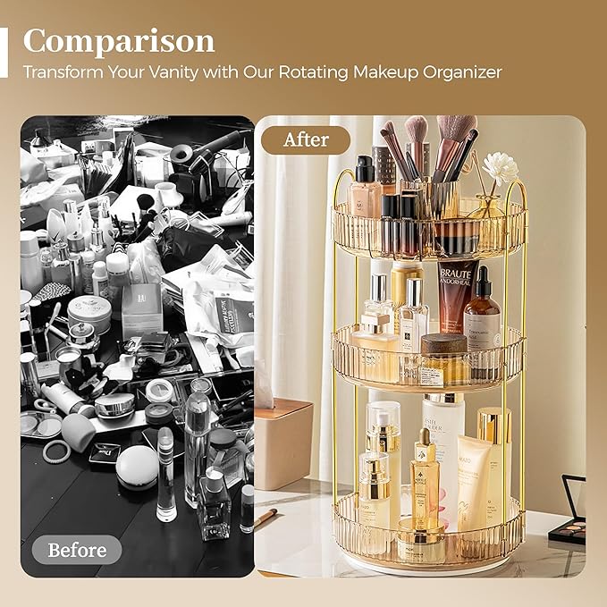 Aveniee 360° Rotating Makeup Organizer for Vanity, Upagraded Perfume Skincare Bathroom Counter Organizers with Brush Divider, 3 Tier Spinning Lipstick Cosmetic Makeup Lotion Storage Organizer(Gold)