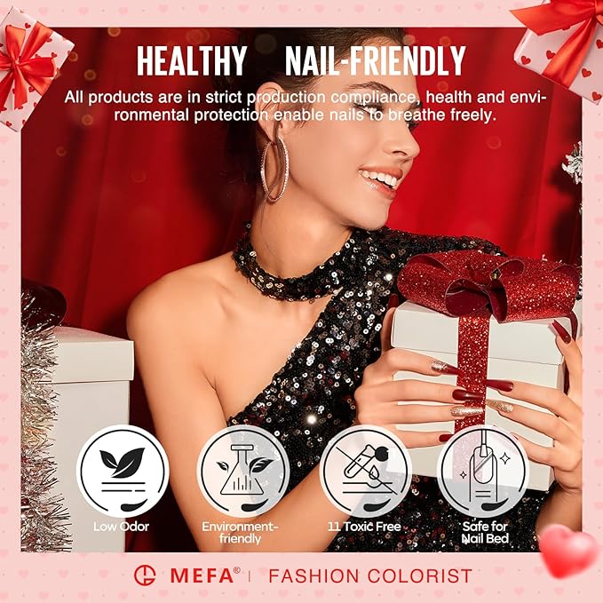 MEFA 6 Colors Red Gel Nail Polish Set, Glitter Shades Sparkle Silver Champagne Love Times Tones Salon Decorations Nail Art Design at Home Manicure DIY Kit Gifts for Women Girl