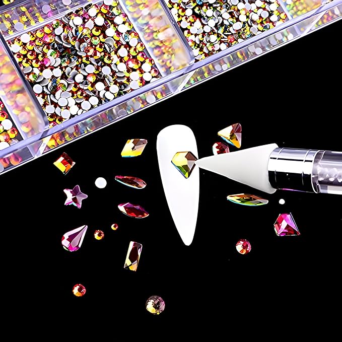 12 Types of Colorful 600 Diamonds + 2500 Flat Rhinestones Mix 20 Styles Flatback DIY Crafts Rhinestone Crystals 3D Decorations Flat Back Stones Set + Rhinestone Picker Wax Pen