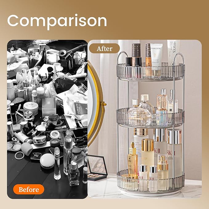 Aveniee Rotating Makeup Organizer for Vanity, 3 Tier Perfume Skincare Organizers and Storage for Bathroom Countertop, Clear Spinning Counter Cosmetic Holder for Dresser(Grey)