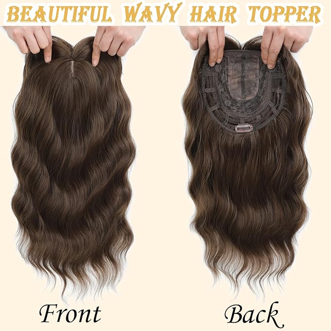 16 Inch Hair Toppers for Women with Thinning Hair, 360° 3D Realistic Toppers for Women Wispy Bangs Clip Synthetic Curly Wavy (8-10)