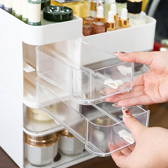 White Makeup Organizer With 6 Drawers,2 Pack Stackable Plastic Cosmetic Storage Organizer for Dresser and Vanity,Ideal for Beauty,Perfume,Brushes,Skincare Bathroom Organizers and Storage Counter
