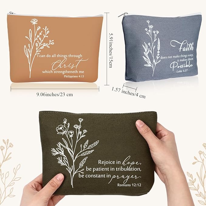 10Pcs Christian Gifts for Women Religious Cosmetic Bags Inspirational Bible Verse Pencil Pouch Canvas Makeup Bags Bulk with Zipper for Mother Sister Church Favors