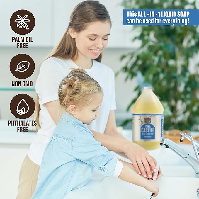 Pure Castile Soap Liquid Organic, Certified Palm Oil Free Natural Soap, Unscented, 64 oz