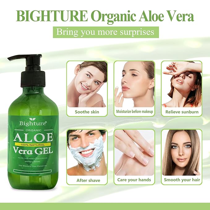 Aloe Vera Gel, 100% Aloe Vera from Freshly Cut Aloe Leaves, Skin Care for Deeply & Rapidly Soothing, Firming, After Shave, Sunburn Relieve, etc