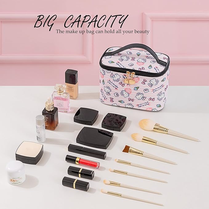 AmBealla Cosmetic Bag Large Makeup Bags Pink Travel Case with Makeup Brush Holder,Cosmetic Organizer for Women, Toiletry Bag for Skincare & Beauty Tools Sweet Cute for Girls