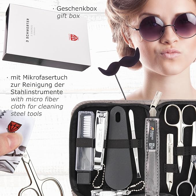 3 Swords Germany - brand quality 10 piece manicure pedicure grooming kit set for professional finger & toe nail care tweezers file clipper fashion leather case in gift box, Made by 3 Swords (01603)