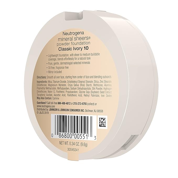 Neutrogena Mineral Sheers Compact Powder Foundation, Lightweight & Oil-Free Mineral Foundation, Fragrance-Free, Classic Ivory 10,.34 oz (Pack of 2)