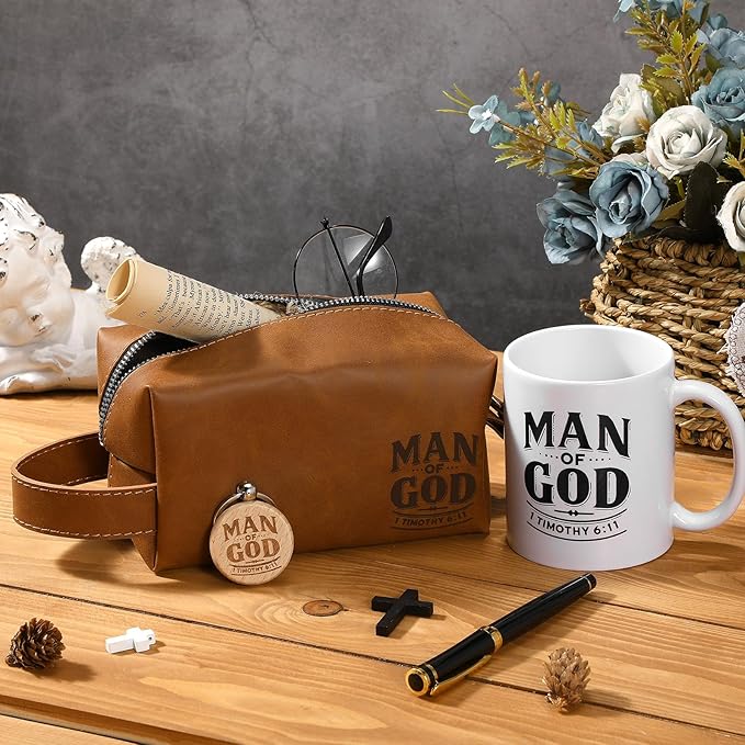 3 Pcs Father's Day Man of God Gifts for Men Christian 11.2oz Inspirational Coffee Mug Religious Bible Verse Leather Toiletry Bag Scripture Keychain for Dad Pastors Church Baptism Souvenir