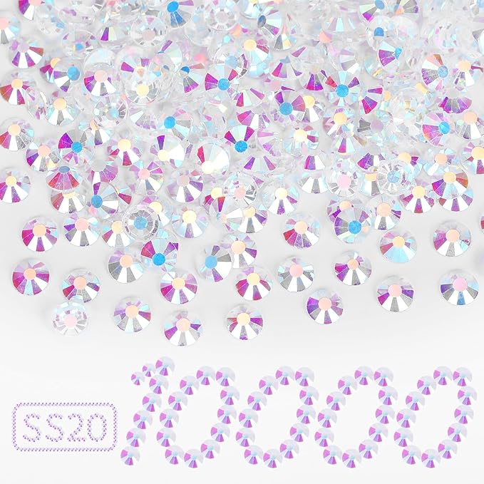 10000PCS Transparent AB Rhinestones Bulk, Flat Back Crystal Glass Stone Round Gems,SS20, 4.6-4.8mm