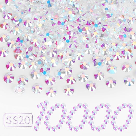 10000PCS Transparent AB Rhinestones Bulk, Flat Back Crystal Glass Stone Round Gems,SS20, 4.6-4.8mm