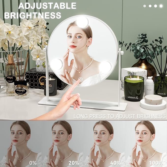 10"x10" Lighted Makeup Mirror, Hollywood Vanity Mirror with 3 Dimmable LED Bulbs, Dimmable Touch Screen, Light up Mirror, Portable Travel Mirror, 360° Rotation, White