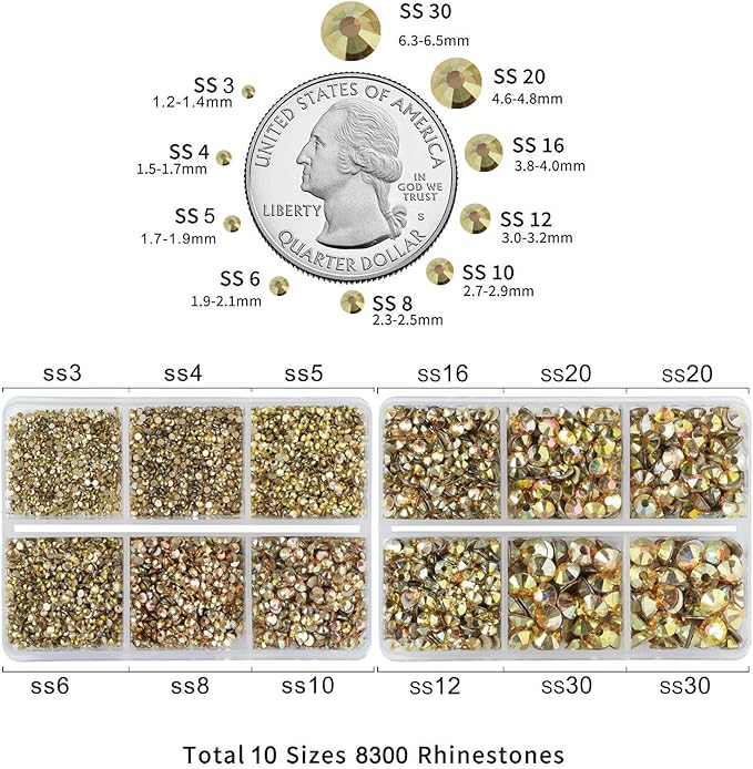 Beadsland 8300PCS Flatback Rhinestones, Gold Rhinestone Nail Gems Round Crystal Rhinestones for Crafts, Mixed 10 Sizes with Wax Pencil and Tweezer Kit, SS3-SS30, Metal Sunlight