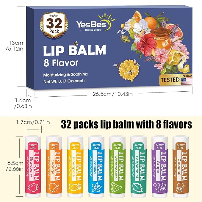 32 Pack Lip Balm, Natural Lip Balm Bulk with Vitamin E and Coconut Oil, Moisturizing Lip Balms for Dry Cracked Lips, Lip Balms for Stocking Stuffers - 8 Flavors