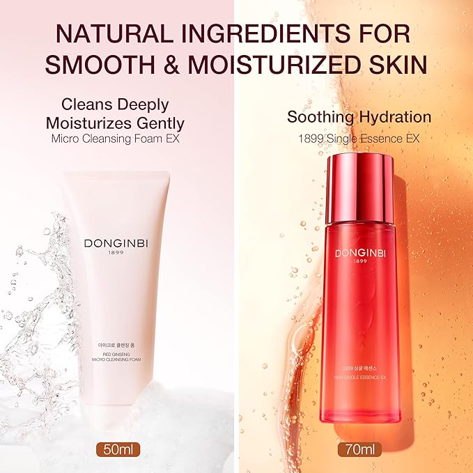 DONGINBI 1899 Single Essence EX 70ml & Cleansing Foam 50ml Special Set - Anti-Aging face essence with Korean Red Ginseng for Radiance and Repair