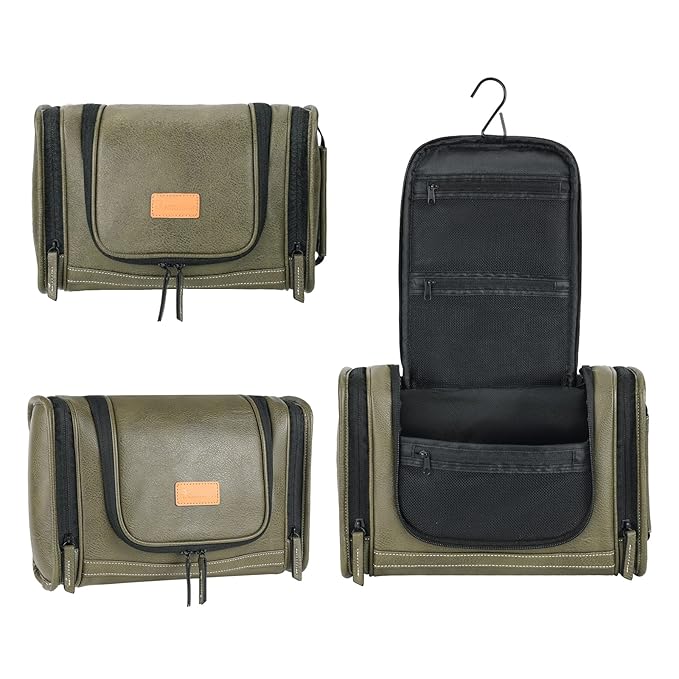 MIRASON Hanging Toiletry Bag for Men PVC Leather Dopp Kit Waterproof Travel Organizer Bag with Sturdy Metal Hook and Handle for Bathroom Shower Cosmetics Camping Brushes Shaving (Green)