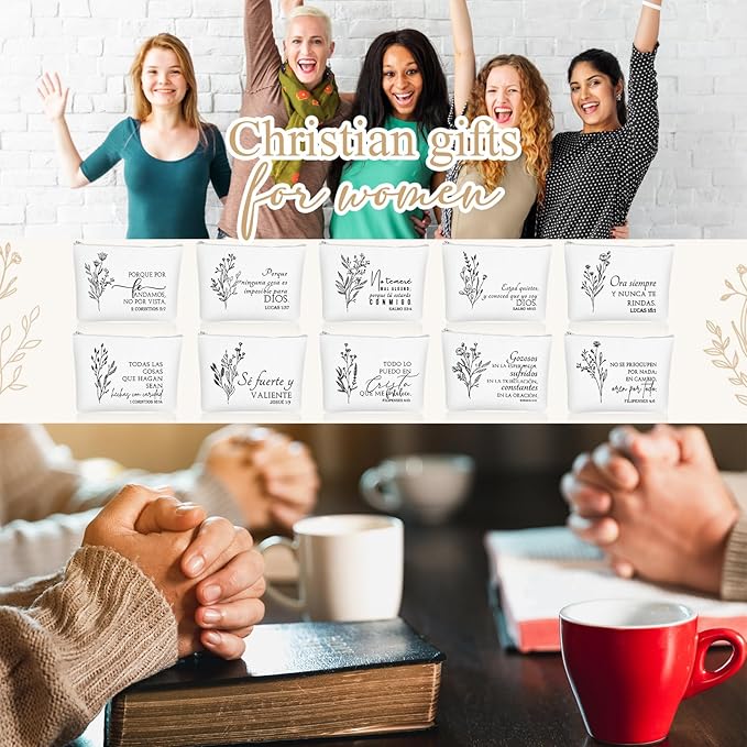 10Pcs Christian Gifts for Women Religious Cosmetic Bags Inspirational Bible Verse Pencil Pouch Canvas Makeup Bags Bulk with Zipper for Mother Sister Church Favors