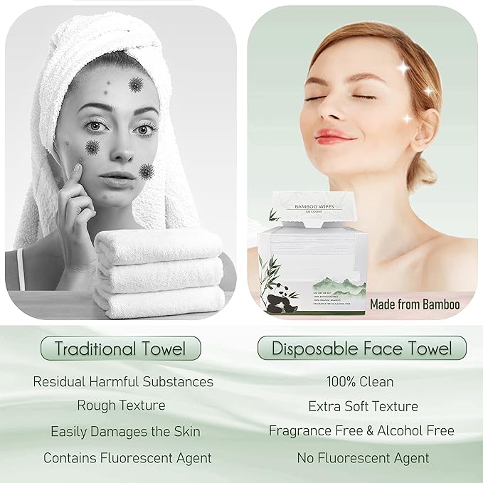 Bamboo Rayon Disposable Face Towel Biodegradable Large Dry Face Wipes 60 Count/1 Box Extra Thick Soft Clean Facial Towels for Sensitive Skin, Makeup Removing, Facial Cleansing, Nursing, Travel