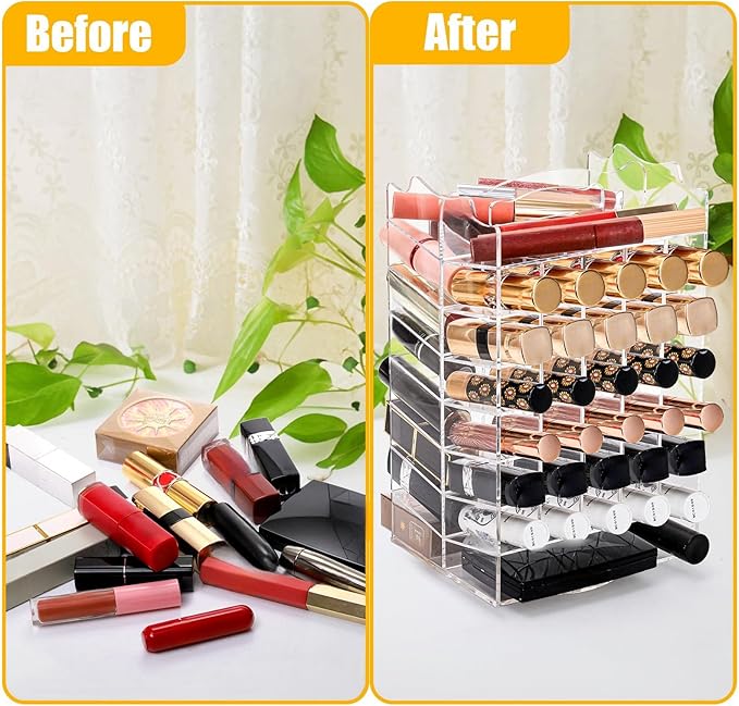 64 Slots Rotating Lipstick Organizer, Acrylic Spinning Lipgloss Tower Holder, Clear Rotable Lip Gloss Organizer Case, Lip Stick Display Rack Stand, Cosmetic Makeup Accessories for Lip Balm