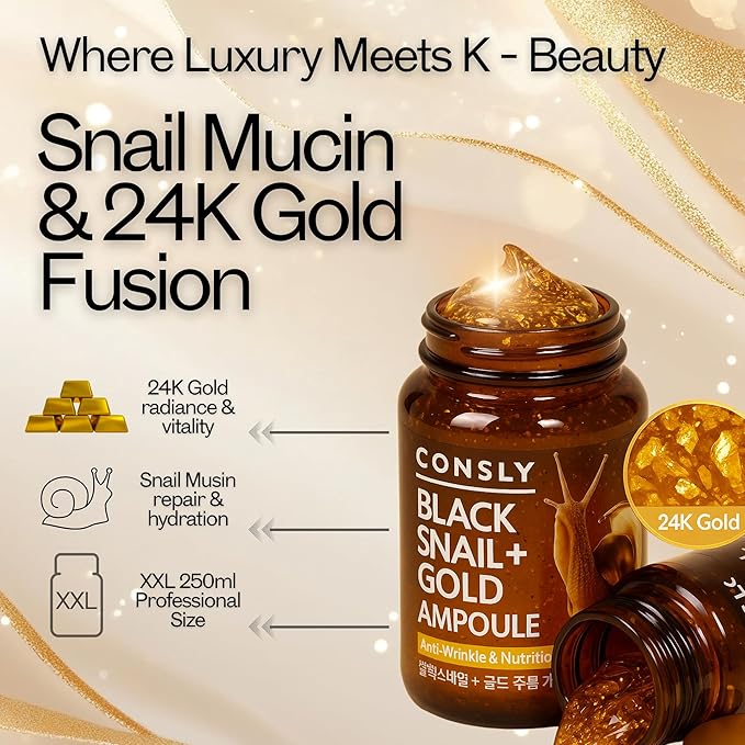 CONSLY_Black Snail Mucus & 24K Gold Ampoule-Serum | Nourishing Anti-Wrinkle Essence for Face, Neck & Décolleté | Hydrating, Revitalizing, Firming | 250ml / 8.45 fl.oz