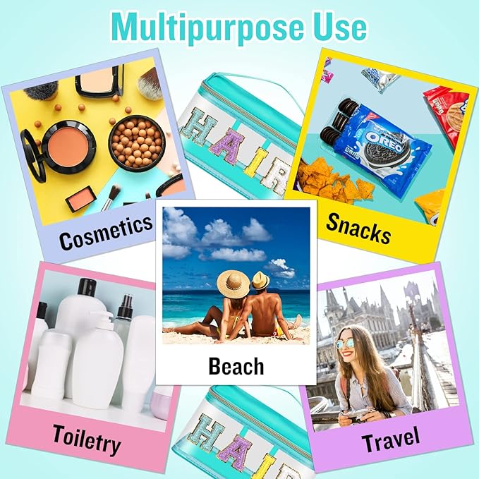 Chenille Letter Clear Makeup Bags Hair Pouch, Preppy Patch Makeup Bag Zipper with Handle, Transparent PVC & Nylon Waterproof Glitter Cosmetic Handbag Travel Toiletry Storage for Women Girl(HAIR-Green)