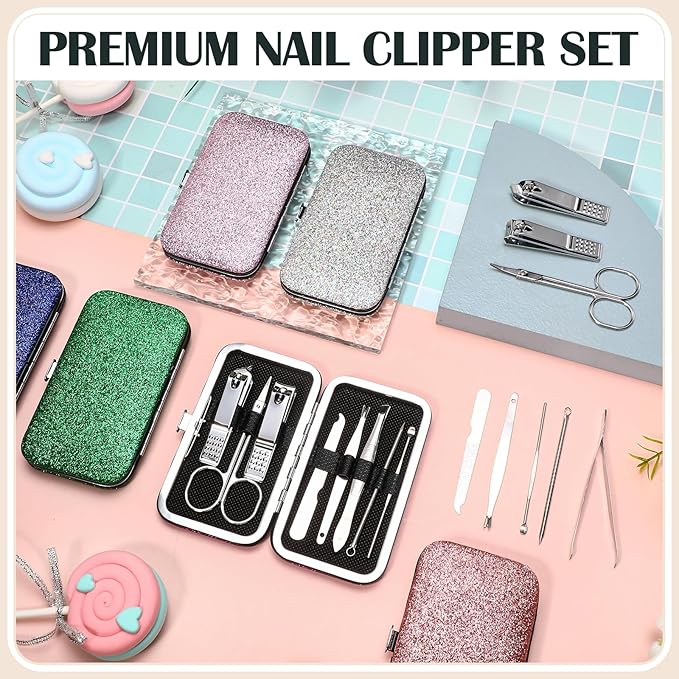 30 Sets Bulk Gifts for Women Manicure Set Bulk Professional Nail Care Kit Nail Clippers Kit 8 in 1 Stainless Steel Pedicure Set with Travel Case for Women Men(Fine Glitter)