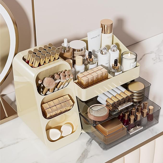 Delamu Makeup Organizer with Drawers for Vanity, Spacious Cosmetic Display Case with Makeup Brush Holder, Perfect Vanity Bathroom Organizer and Storage Solution for Skincare & Beauty Essentials, Beige