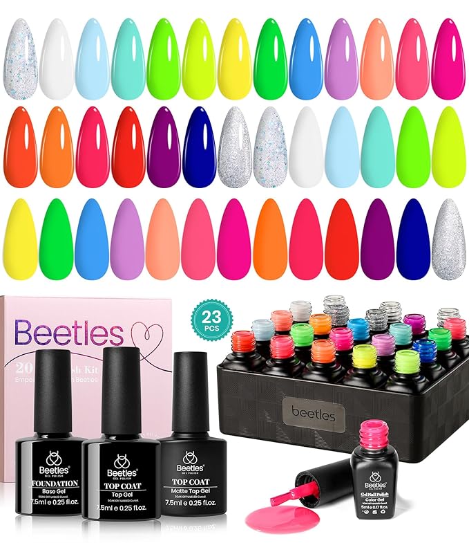 Beetles Gel Polish Set 23Pcs Neon Gel Nail Polish Kit with 3Pcs Base Gel Top Coat, Orange Blue Hot Pink Magenta Lemon Green Colors Nail Soak Off UV Manicure Rainbow Nail