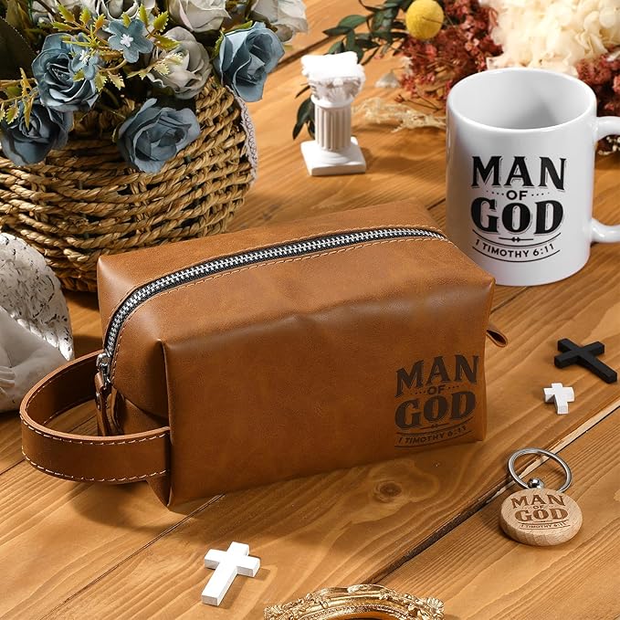 3 Pcs Father's Day Man of God Gifts for Men Christian 11.2oz Inspirational Coffee Mug Religious Bible Verse Leather Toiletry Bag Scripture Keychain for Dad Pastors Church Baptism Souvenir