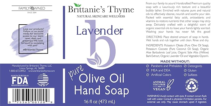 Brittanie’s Pure Castile Liquid Soap Refill, Lavender, 16 Ounce | Dish Soap, Hair & Body, Home, Gentle and Pure, Made with Natural Luxurious Oils, Vegan & Gluten Free Non-GMO