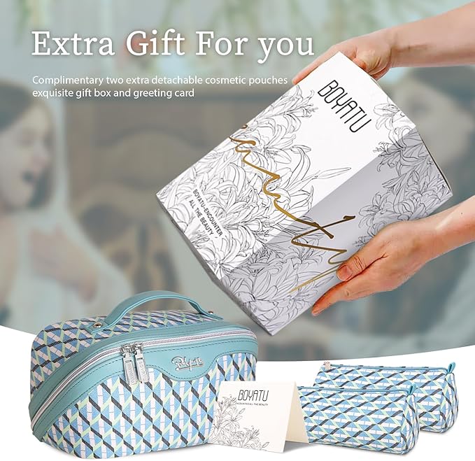 BOYATU Travel Makeup Bags for Women: Large Capacity Cosmetic Bag Set of 3 - Vegan Leather Make up Bags with Compartments - Wide Open Waterproof Toiletry Organizer Bag with Handle (E-02-Blue)