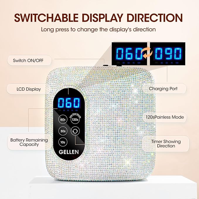 UV LED Nail Lamp, Gellen 72W Rechargeable UV Nail Lamp for Gel Nails, Cordless UV Light for Nails with LCD Display, Auto Sensor and 4 Timer Settings, Nail Dryer for Gel Polish for Home Salon