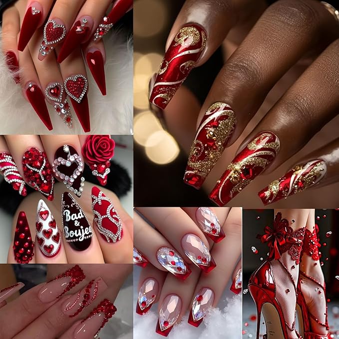 12 Types of Red 600 Diamonds + 2500 Flat Rhinestones Mix 20 Styles Flatback DIY Crafts Rhinestone Crystals 3D Decorations Flat Back Stones Set + Rhinestone Picker Wax Pen