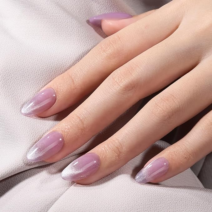 VSALON Press On Nails Short Almond Purple Cat Eye Fake Nails with Extra UV Glue Kit, 28-Days Salon-Strong No Pop-Off, Reusable Semi-transparent Fake Nails - 32 PCS in 16 Sizes (Misty Purple)