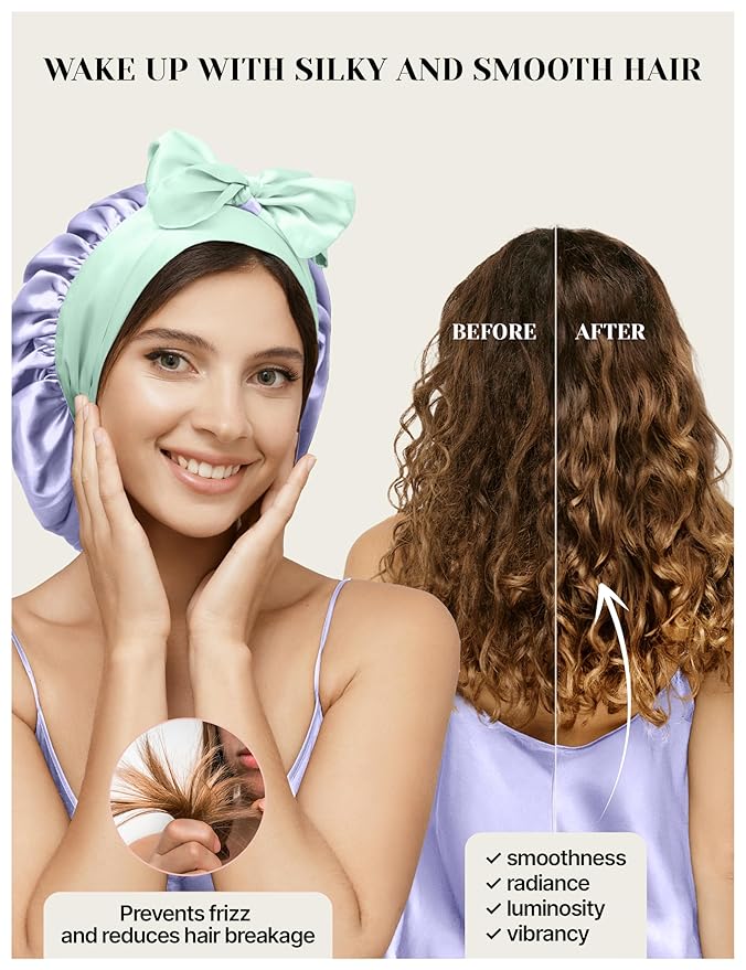 100% Mulberry Silk Bonnet for Sleeping Women with Curly Hair – Alternative to Double Layer Satin Bonnet with Tie Band Premium Silk Hair Wrap for Sleep with Wonder Loop