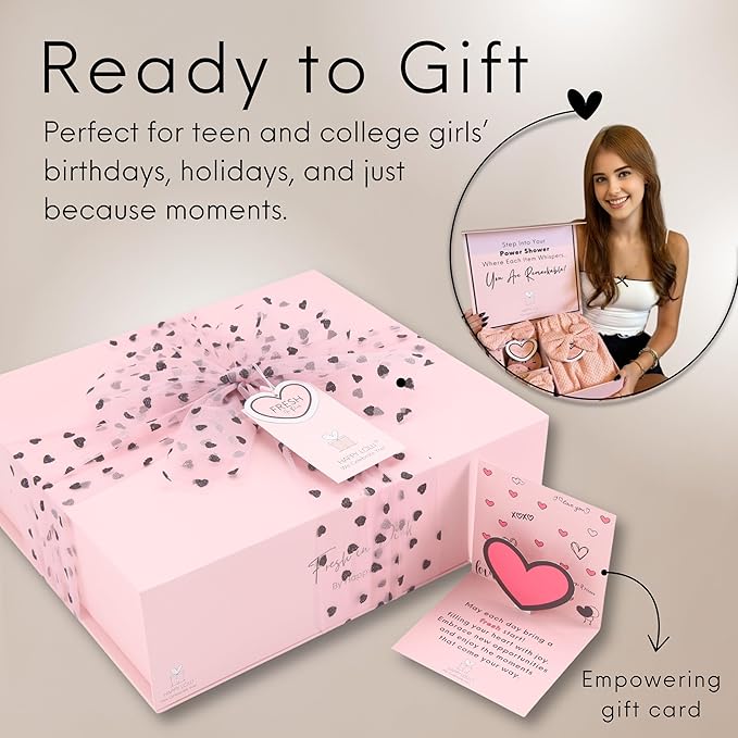 Happy Lolli Power Shower Gift Set: Luxury Bath Accessories Basket for Women & Teen Girls – Includes Body & Hair Towel, Wrist Bands, Headband, Face Sponge & More – Empower Your Routine (Fresh in Pink)