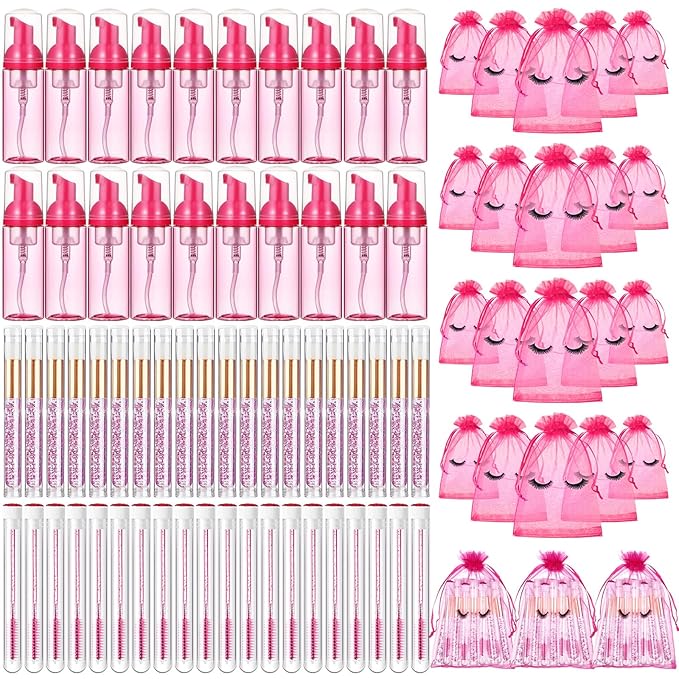 Zhehao 80 Pcs Lash Shampoo Bottle Brushes Kit 20 Foam Pump Dispensers 20 Lash Shampoo Brushes 20 Eyelash Aftercare Bag 20 Cleaning Pipes, Eyelash Extension Supplies(Rose Red)