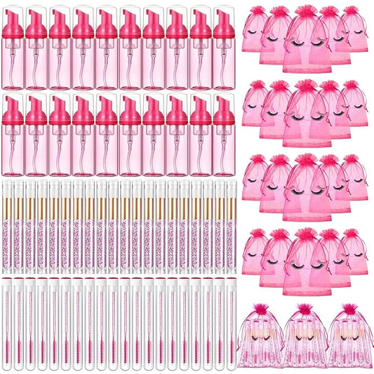 Zhehao 80 Pcs Lash Shampoo Bottle Brushes Kit 20 Foam Pump Dispensers 20 Lash Shampoo Brushes 20 Eyelash Aftercare Bag 20 Cleaning Pipes, Eyelash Extension Supplies(Rose Red)