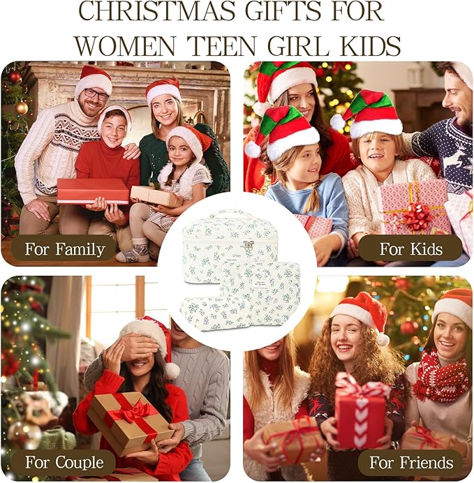 Makeup Bag, 3 PCS Quilted Makeup Bag, Cute Floral Cotton Cosmetic Bag set, Coquette Makeup Pouch Large Travel Toiletry Bag