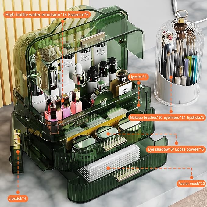 Makeup Organizers Skincare organizers with 2-Layer Storage Box and Transparent Cover Waterproof Dustproof Cosmetics Display Cases with Brush Holder for Countertop Vanity Bathroom Dresser Gift(Green)